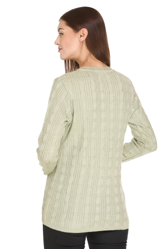 Pista Woolen Band Neck Self Knit Cable Textured Design Cardigan For Women
