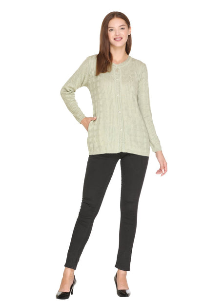Pista Woolen Band Neck Self Knit Cable Textured Design Cardigan For Women