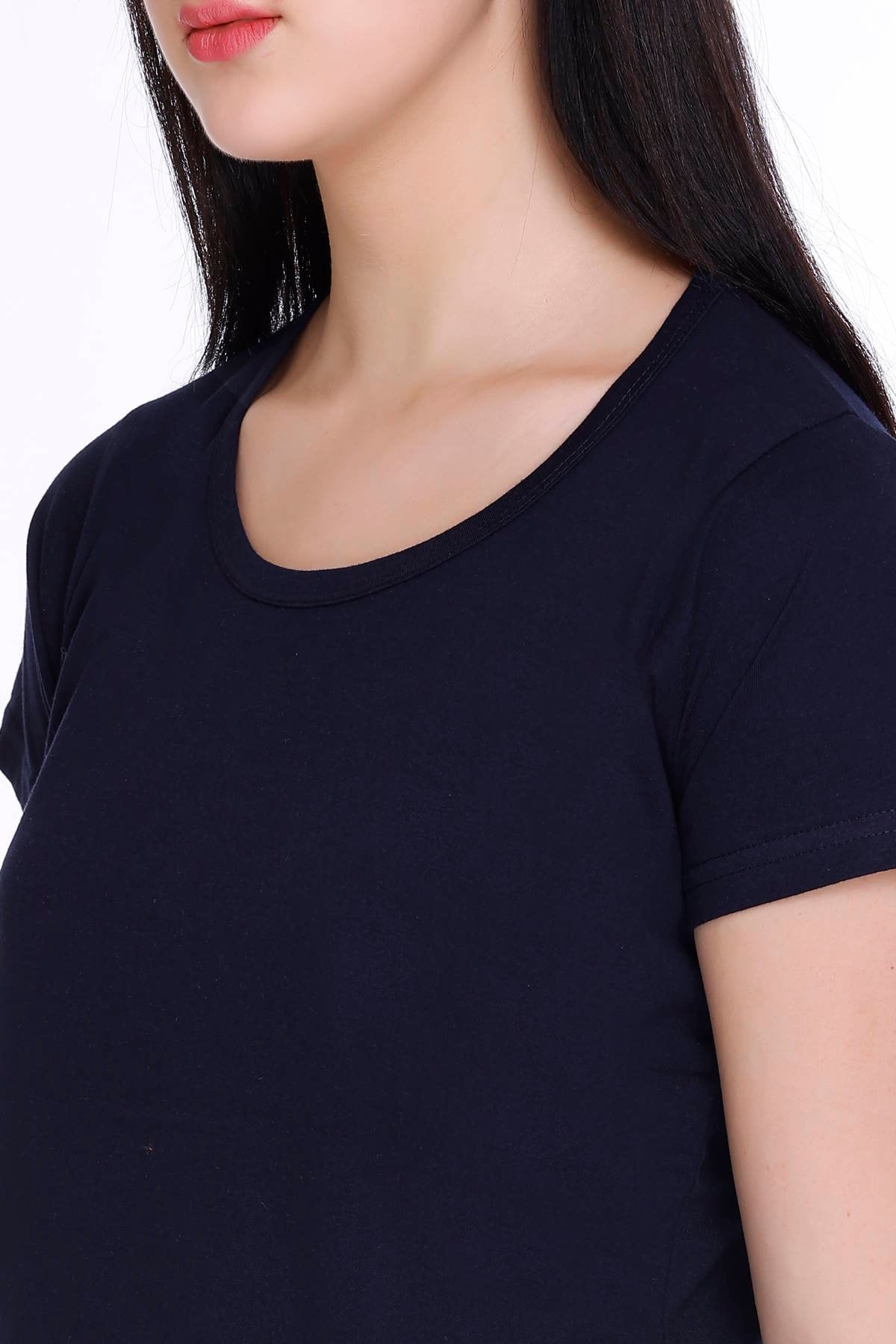 Women Solid Navy Cotton Round Neck T-Shirt