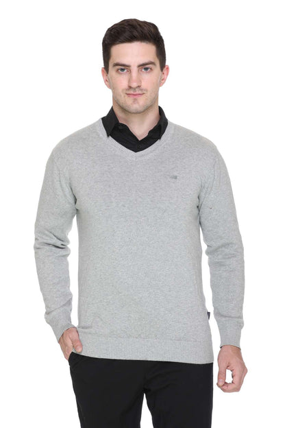 Light Grey Solid V-Neck Plain Men Sweater
