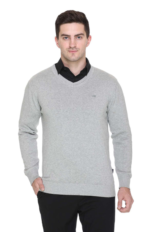 Light Grey Solid V-Neck Plain Men Sweater
