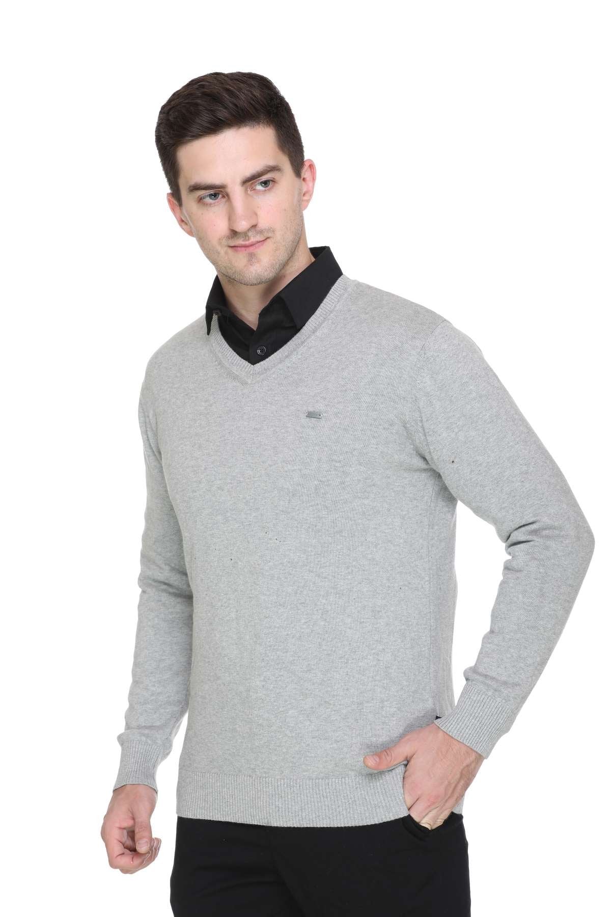 Light Grey Solid V-Neck Plain Men Sweater