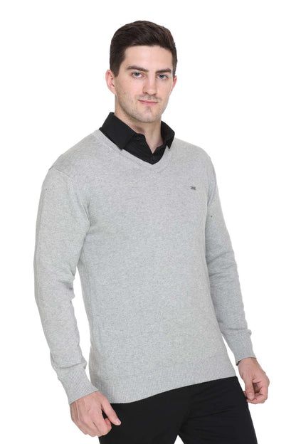 Light Grey Solid V-Neck Plain Men Sweater