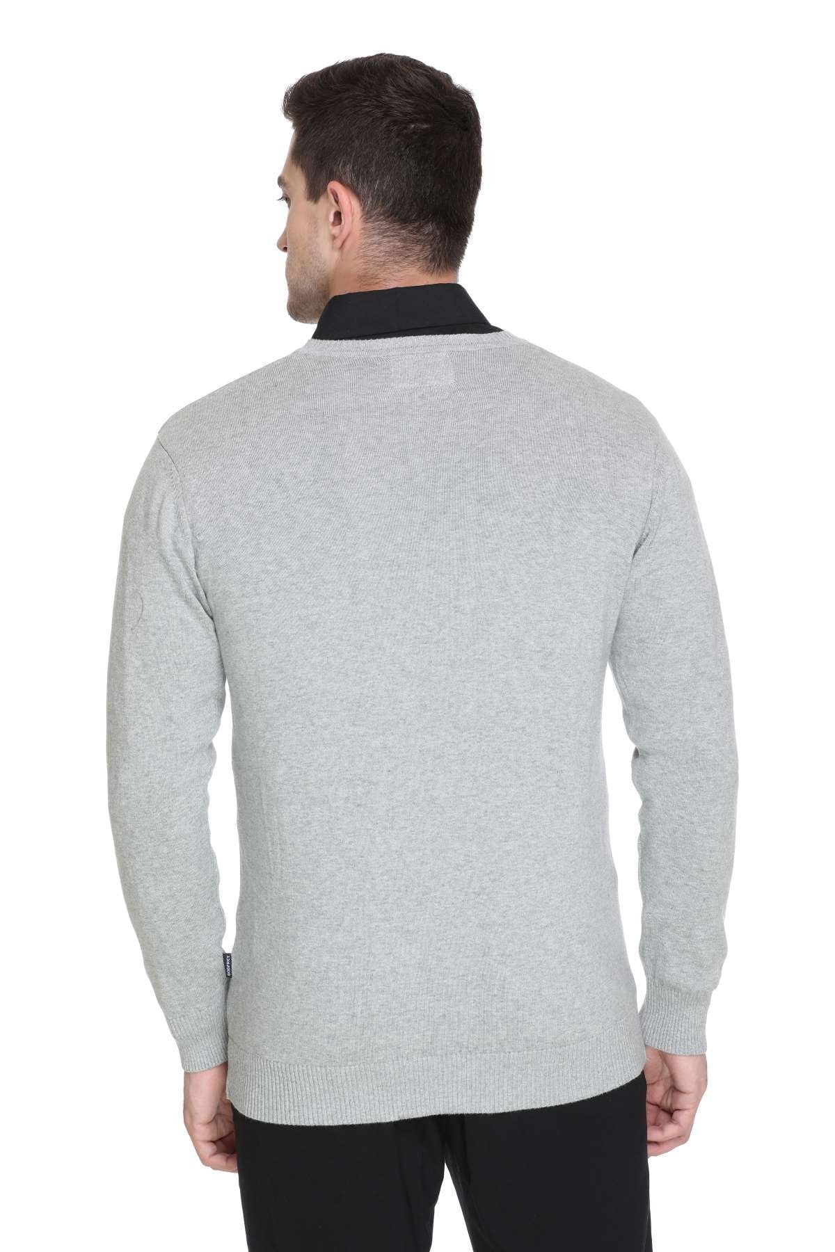 Light Grey Solid V-Neck Plain Men Sweater
