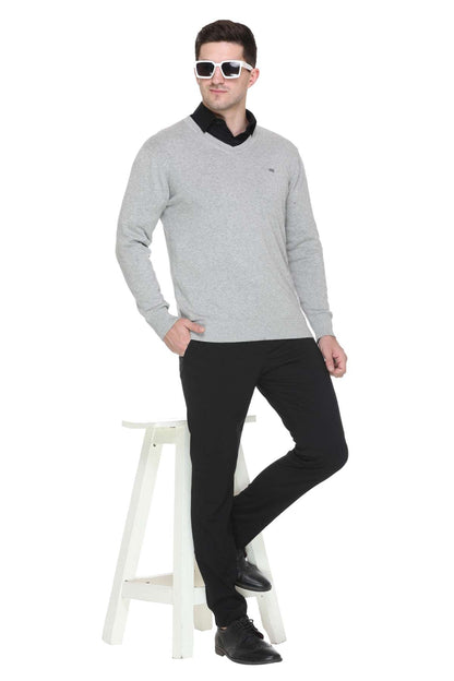 Light Grey Solid V-Neck Plain Men Sweater