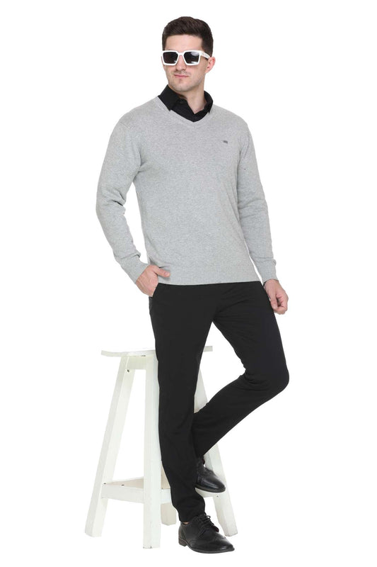 Light Grey Solid V-Neck Plain Men Sweater