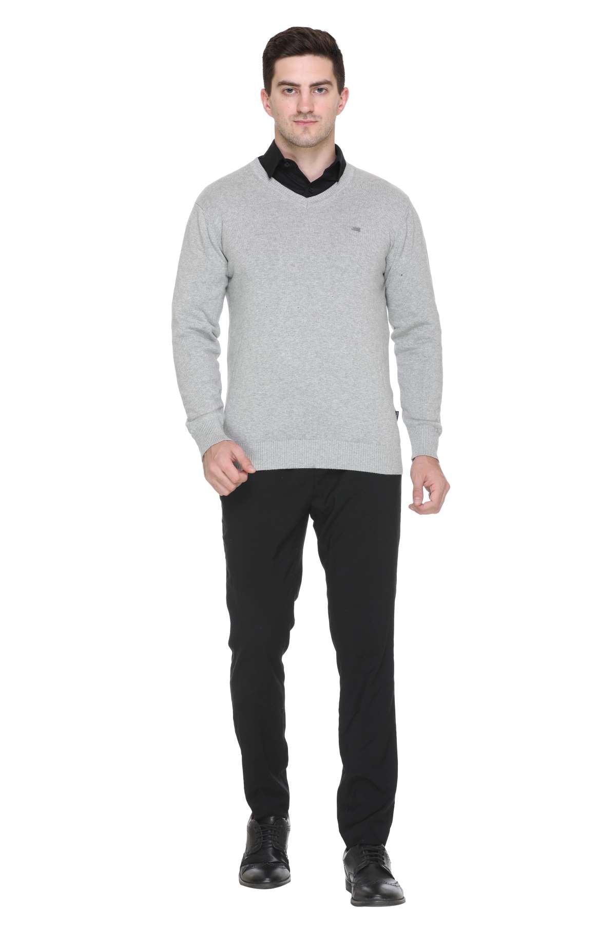 Light Grey Solid V-Neck Plain Men Sweater