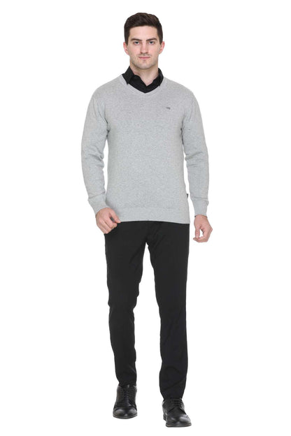 Light Grey Solid V-Neck Plain Men Sweater