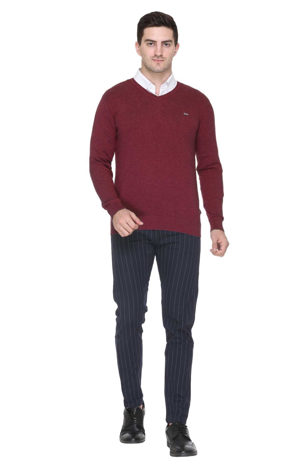 Wine Solid V-Neck Pullover