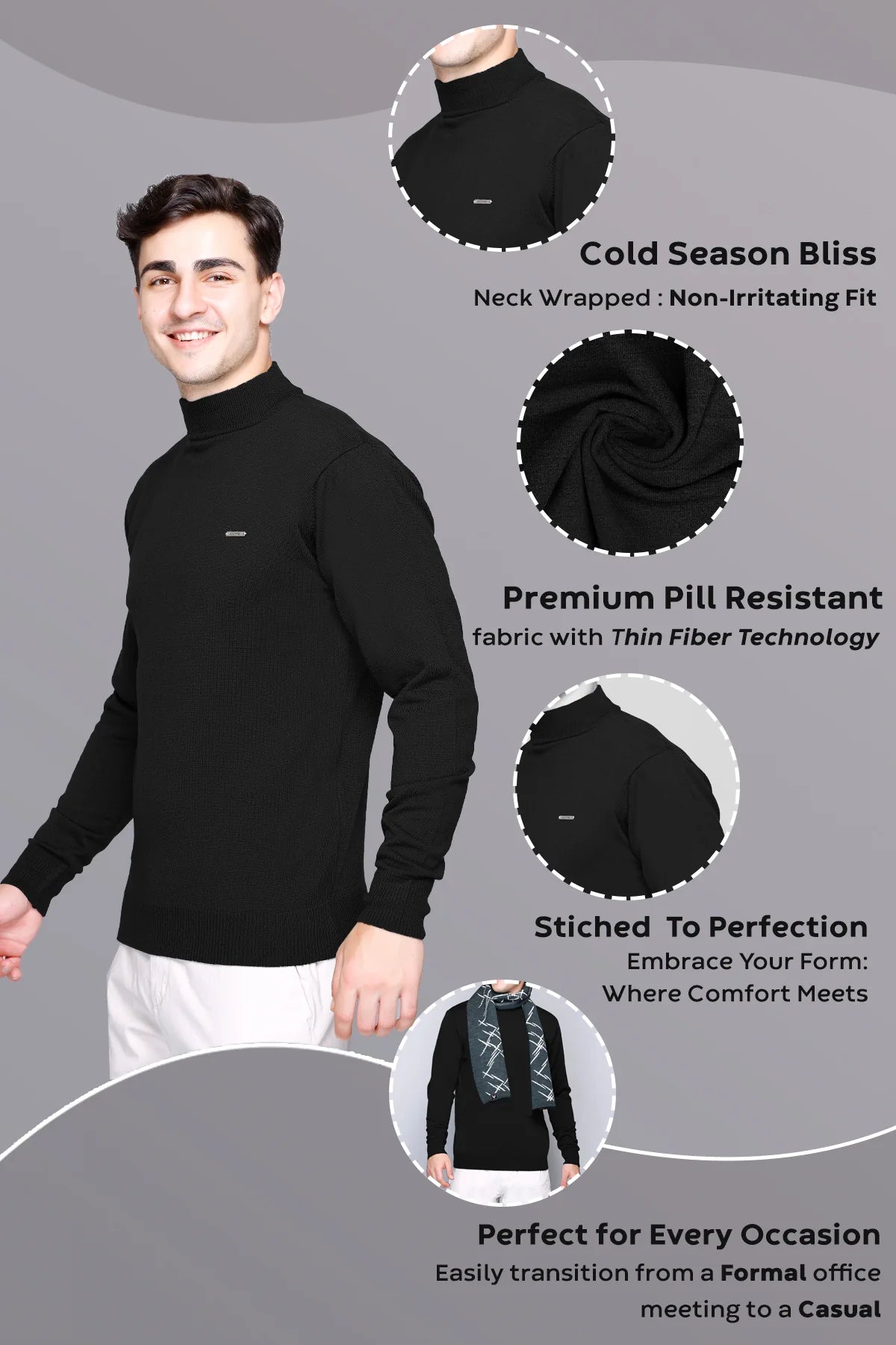 Black Solid Turtle Neck Woollen Pullover