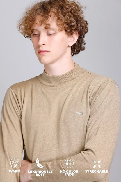 Beige Solid Turtle Neck Woollen Pullover