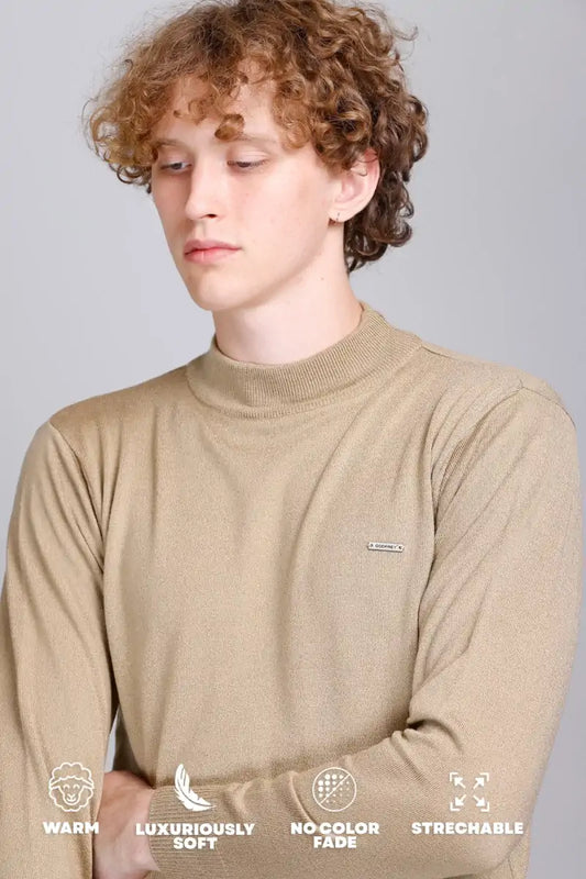 Beige Solid Turtle Neck Woollen Pullover