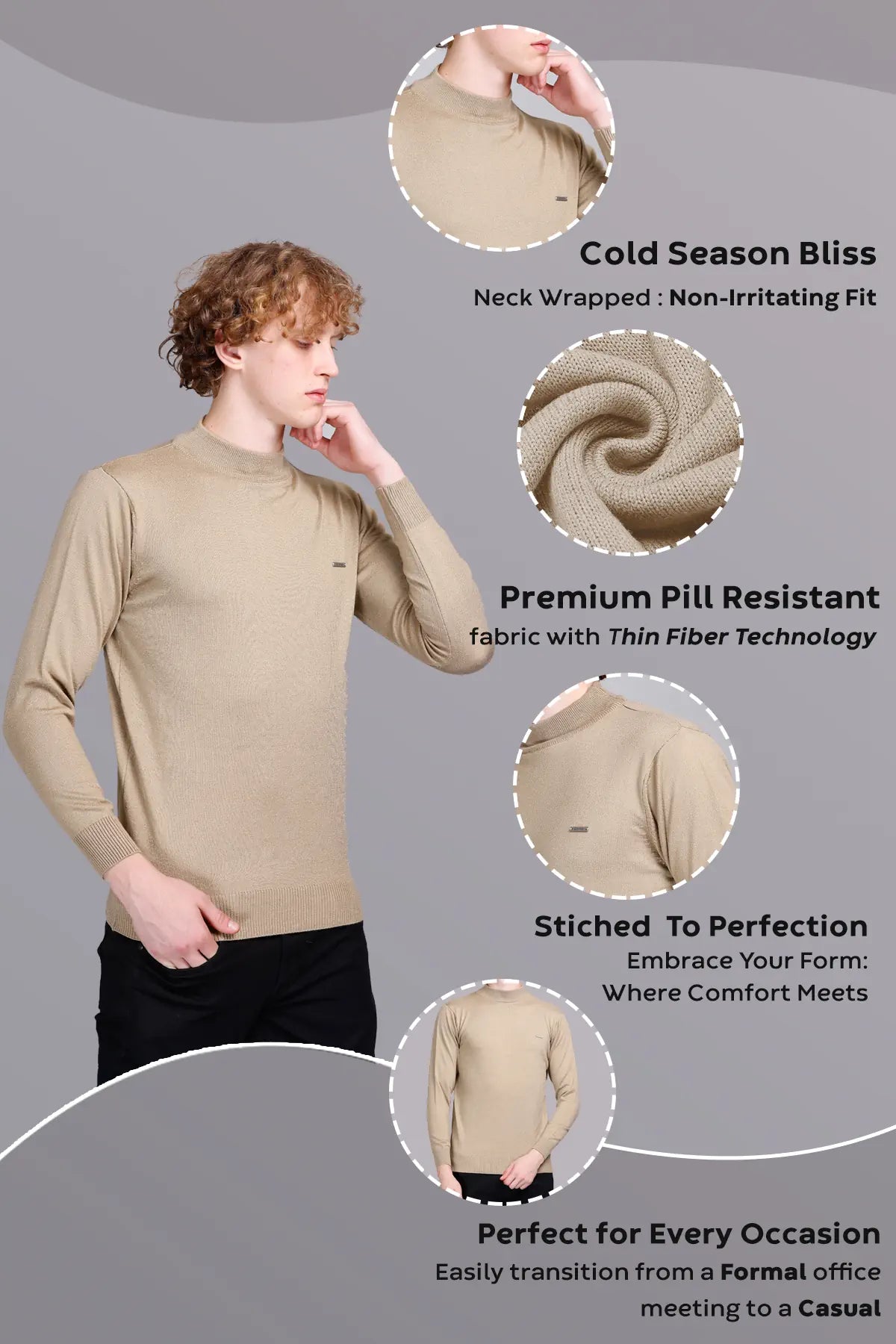 Beige Solid Turtle Neck Woollen Pullover