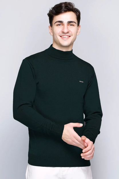Pine Green Solid Turtle Neck Woollen Sweater