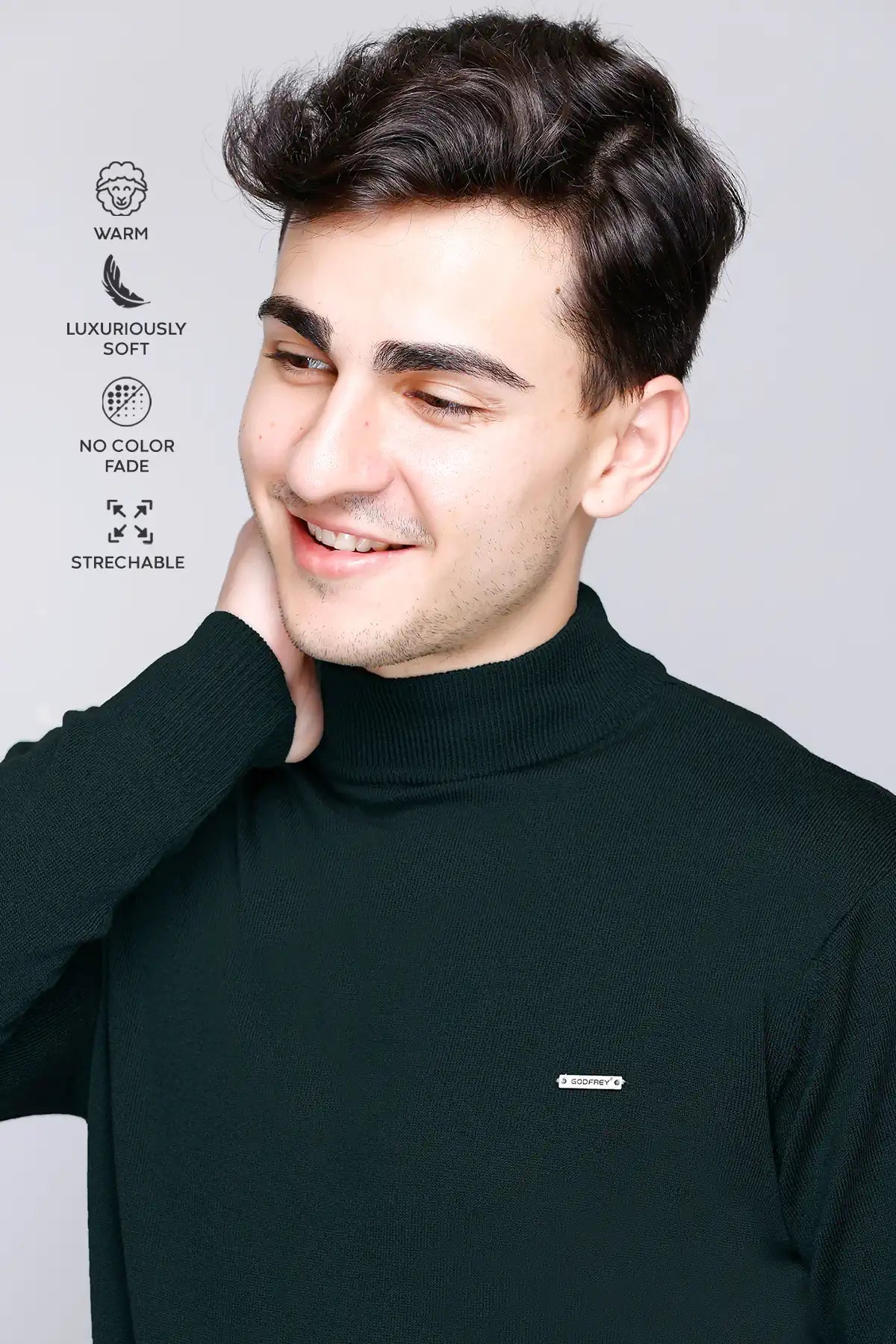 Pine Green Solid Turtle Neck Woollen Sweater