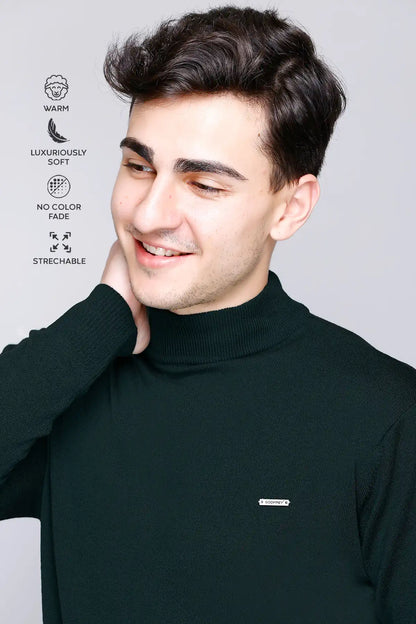 Pine Green Solid Turtle Neck Woollen Sweater