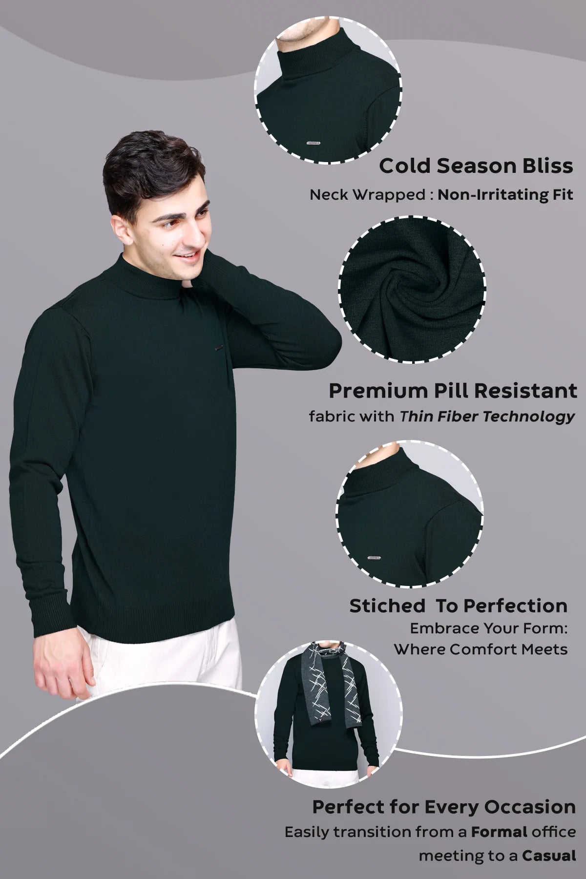Pine Green Solid Turtle Neck Woollen Sweater