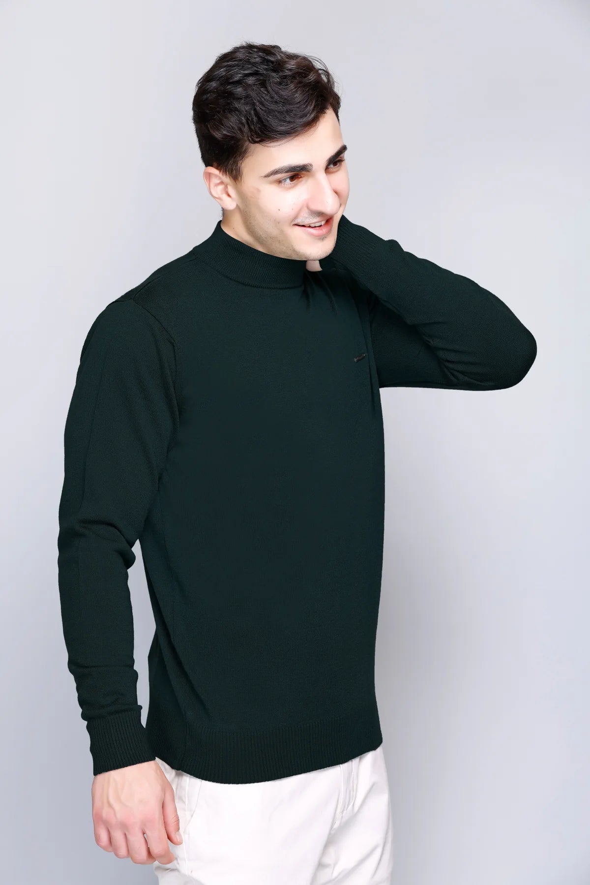 Pine Green Solid Turtle Neck Woollen Sweater