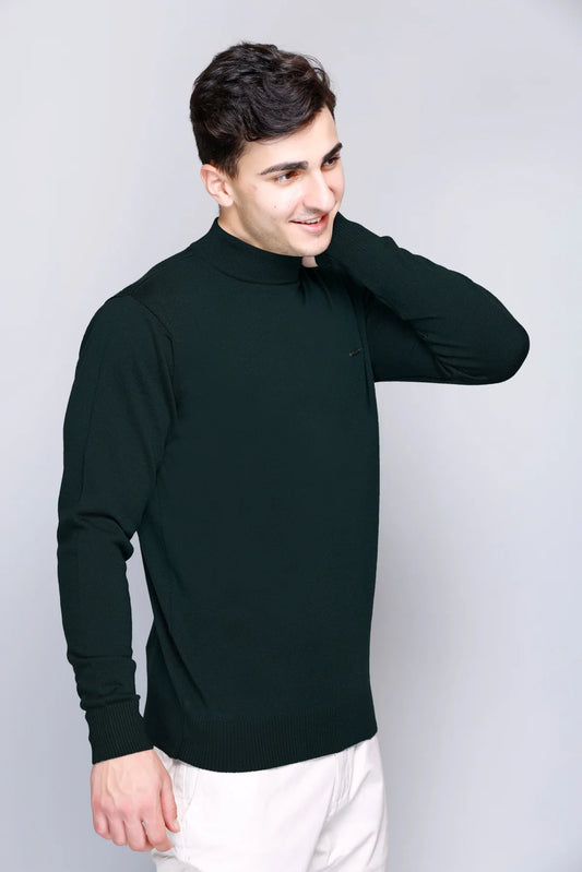 Pine Green Solid Turtle Neck Woollen Sweater