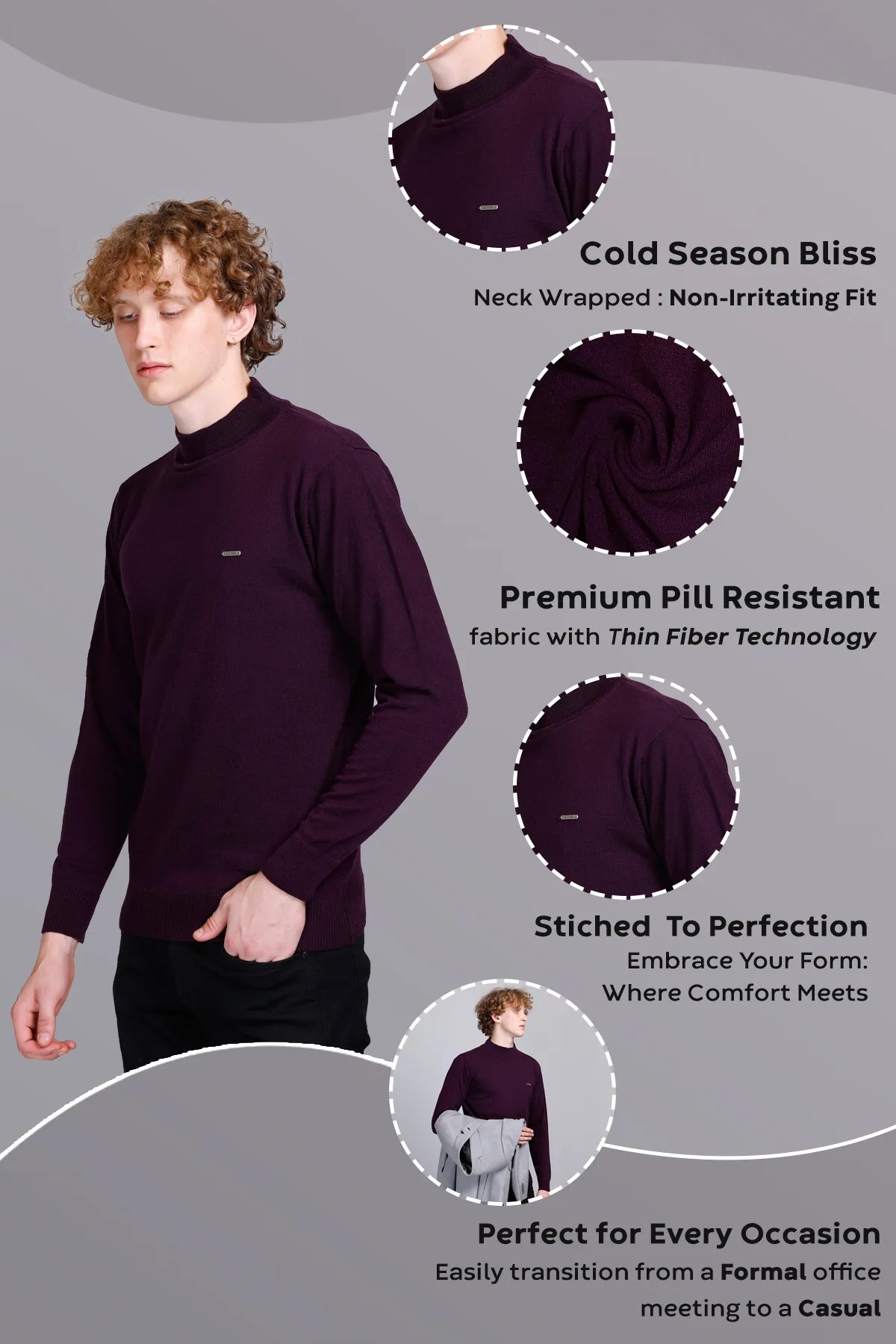Grape Wine Solid Turtle Neck Men Sweater