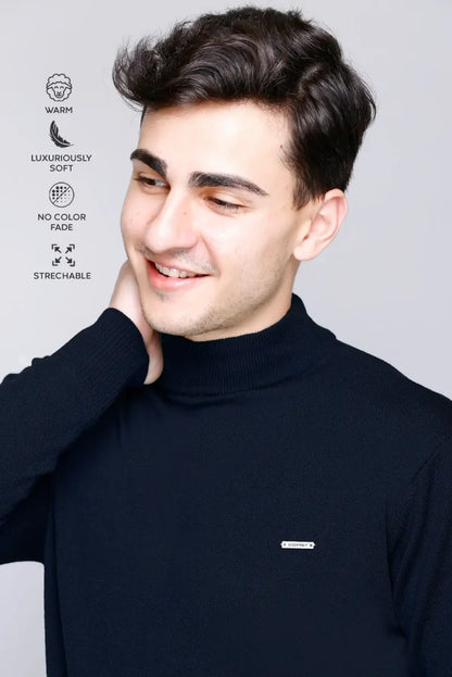 Navy Blue Solid Turtle Neck Woollen Pullover