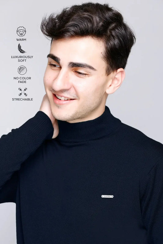Navy Blue Solid Turtle Neck Woollen Pullover