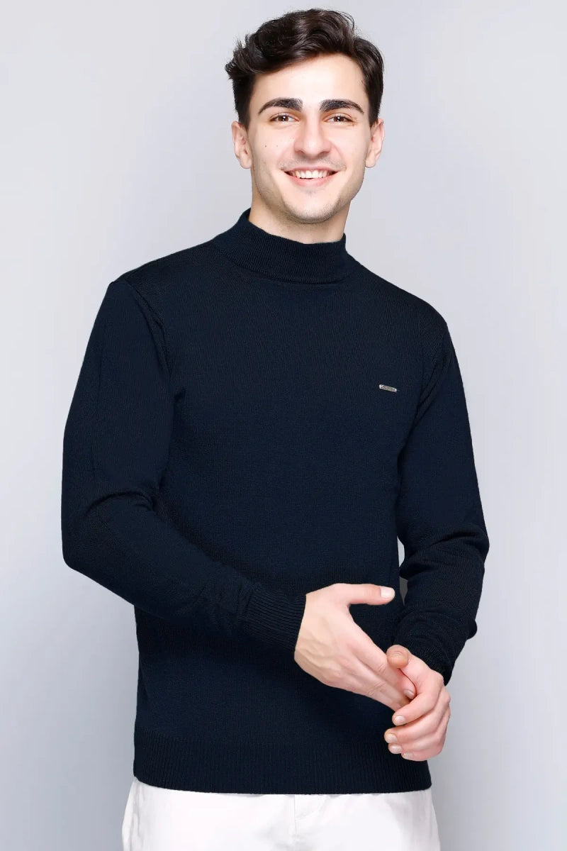 Navy Blue Solid Turtle Neck Woollen Pullover