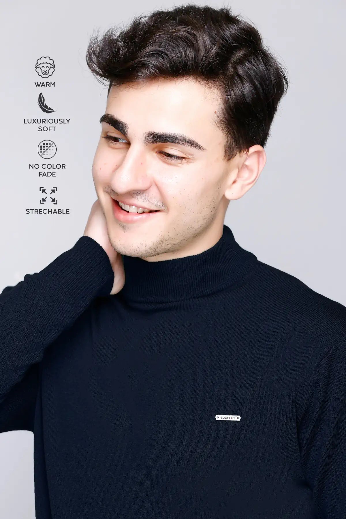 Navy Blue Solid Turtle Neck Woollen Pullover