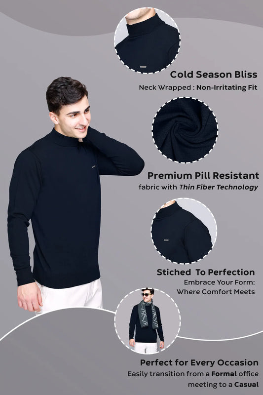 Navy Blue Solid Turtle Neck Woollen Pullover