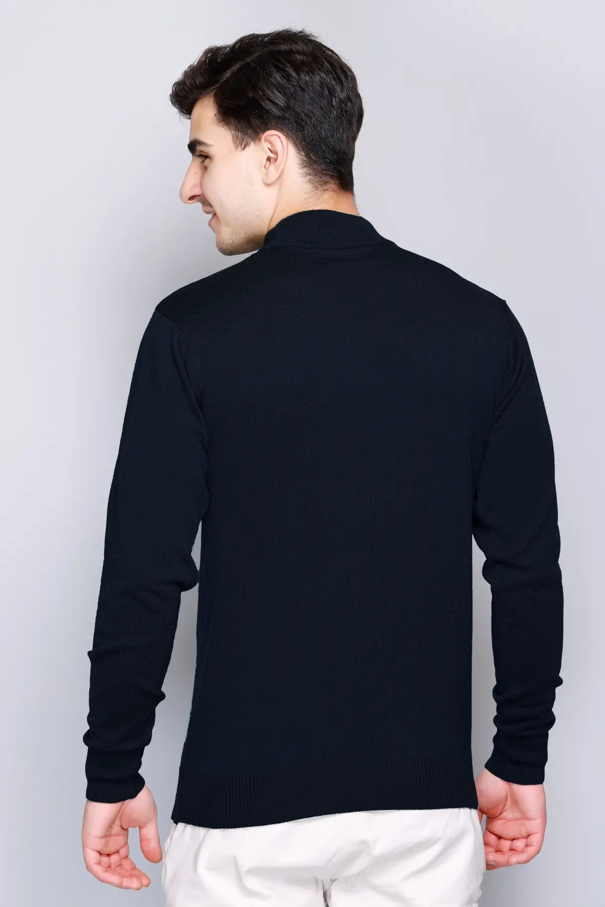 Navy Blue Solid Turtle Neck Woollen Pullover
