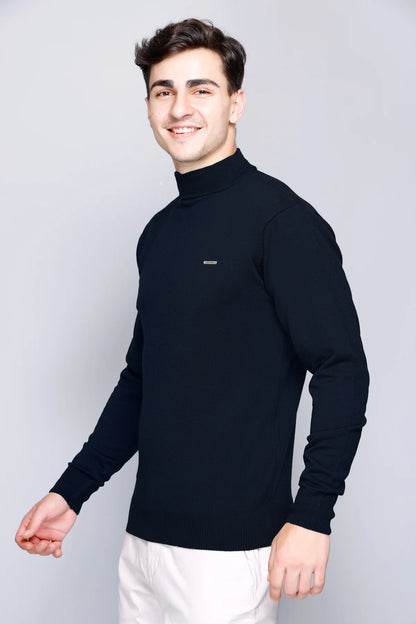 Navy Blue Solid Turtle Neck Woollen Pullover