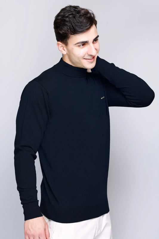 Navy Blue Solid Turtle Neck Woollen Pullover
