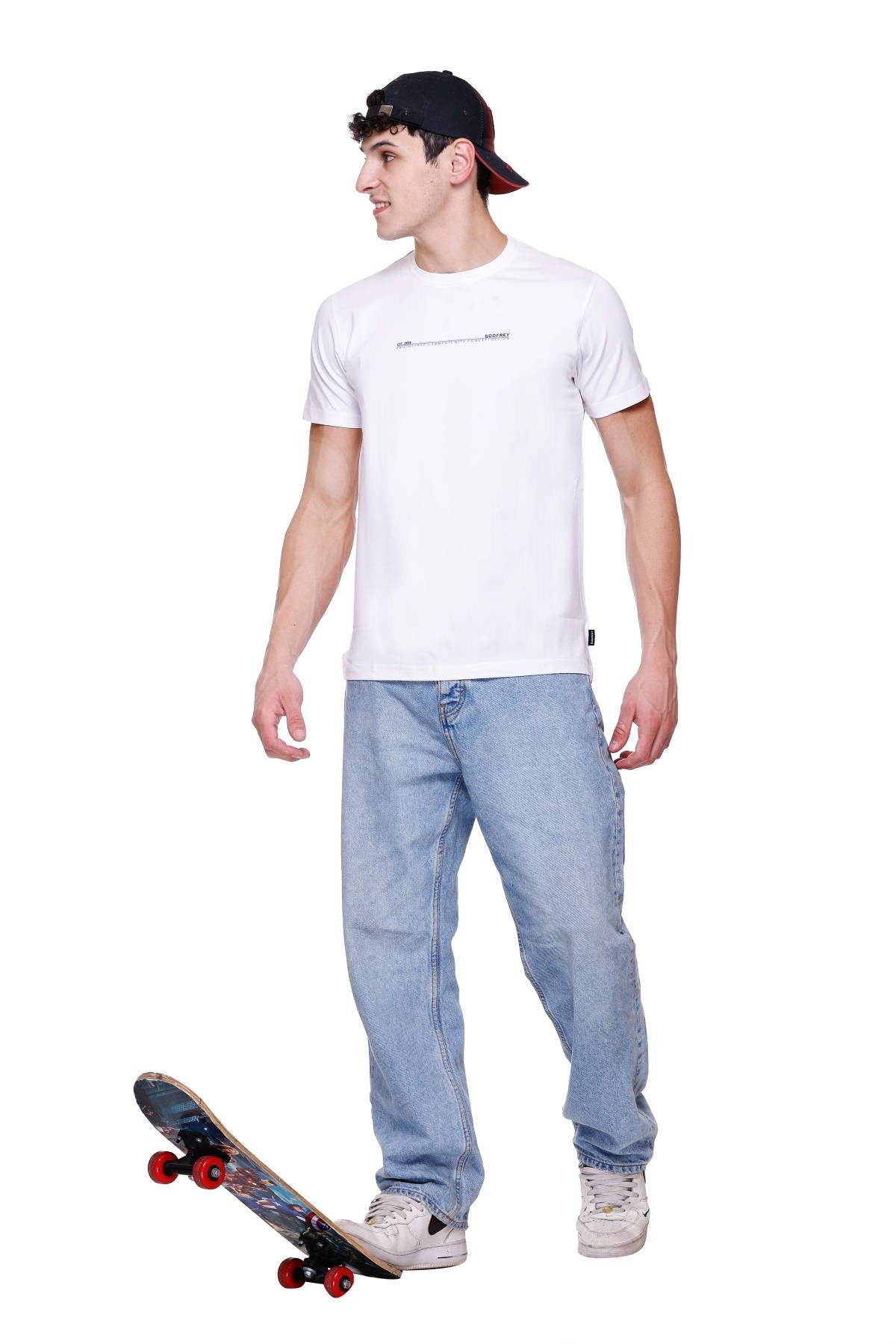 White Solid Stretch Cotton Round Neck T-Shirt for Men