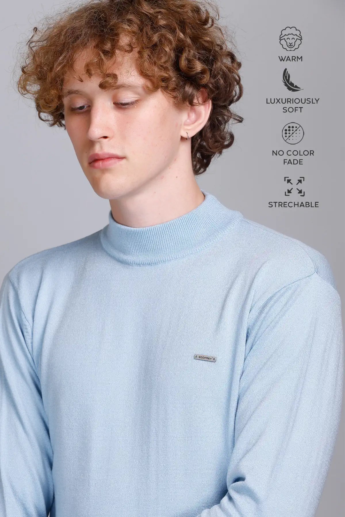 Solid Sky Blue Turtleneck Men Sweater