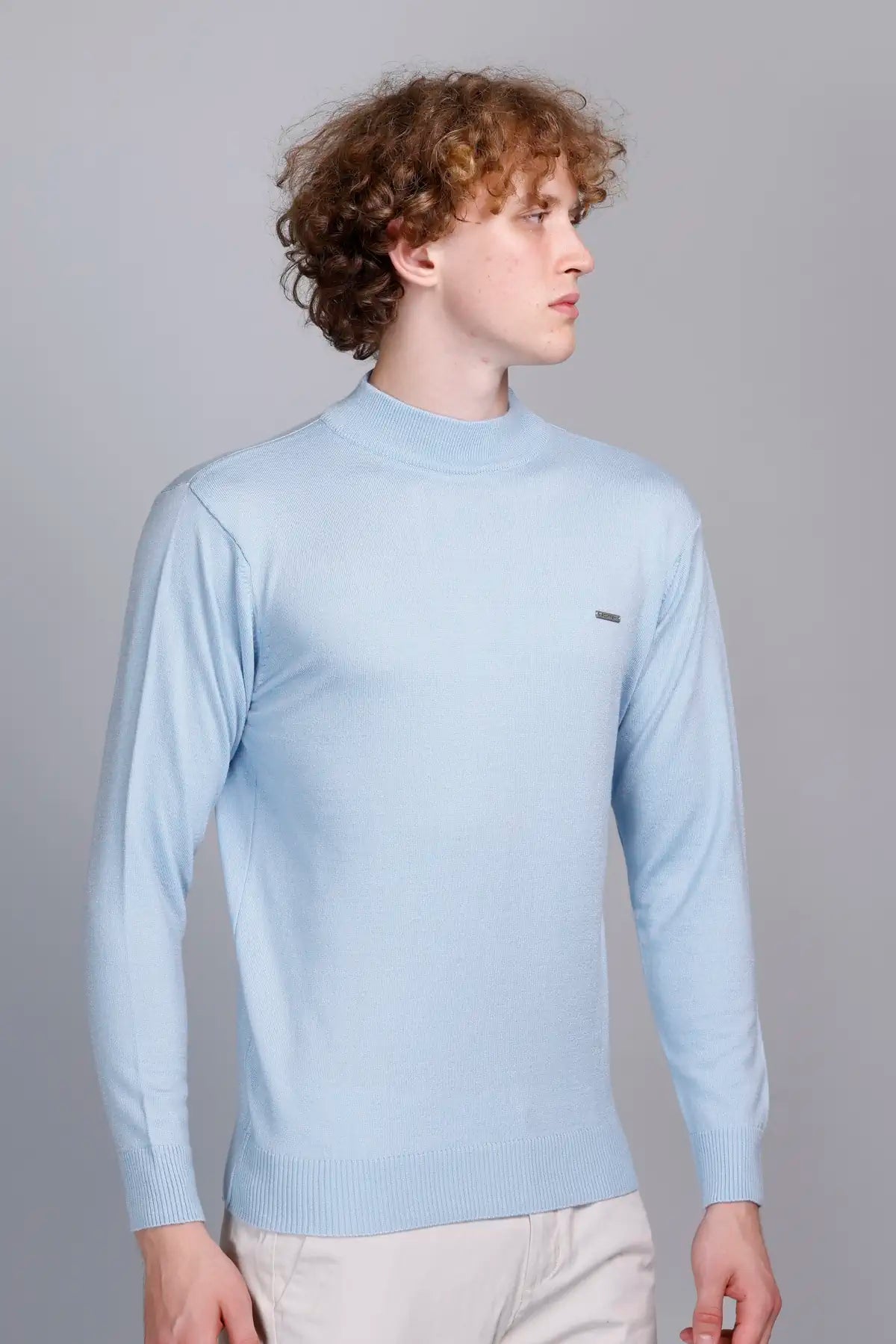 Solid Sky Blue Turtleneck Men Sweater