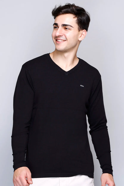 Black Solid V-Neck Viscose Sweater
