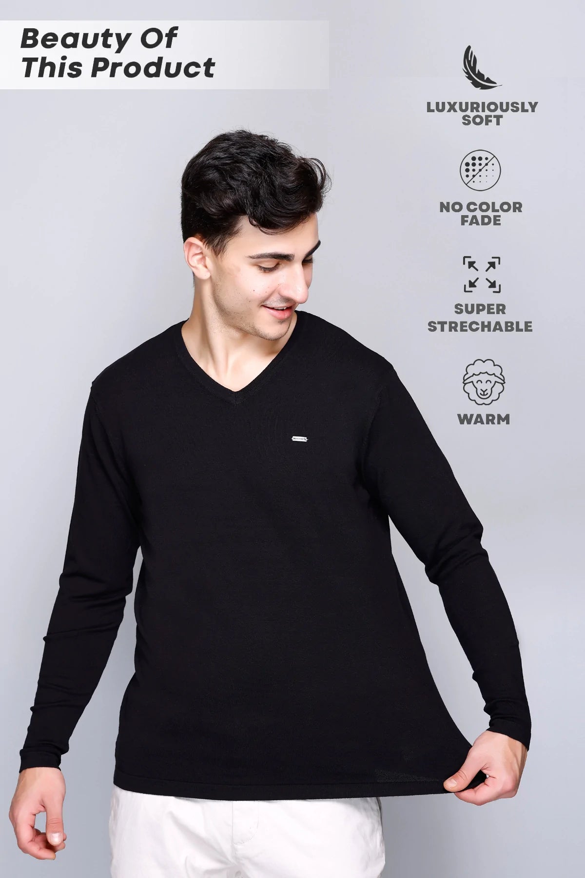 Black Solid V-Neck Viscose Sweater