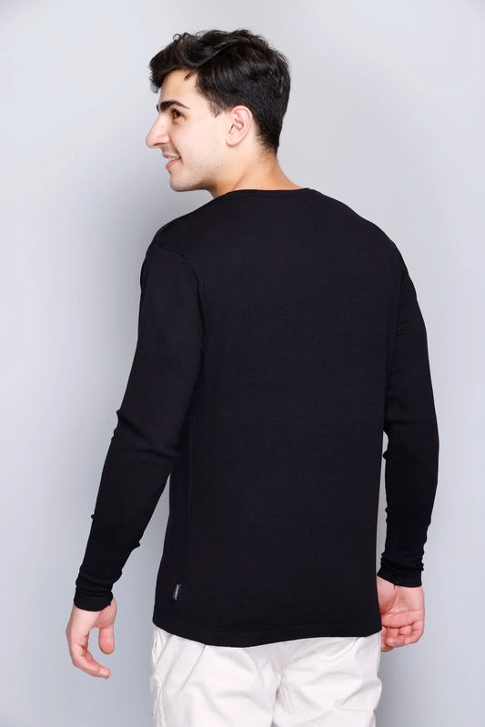 Black Solid V-Neck Viscose Sweater