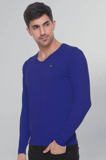 Royal Blue Solid V-Neck Viscose Sweater