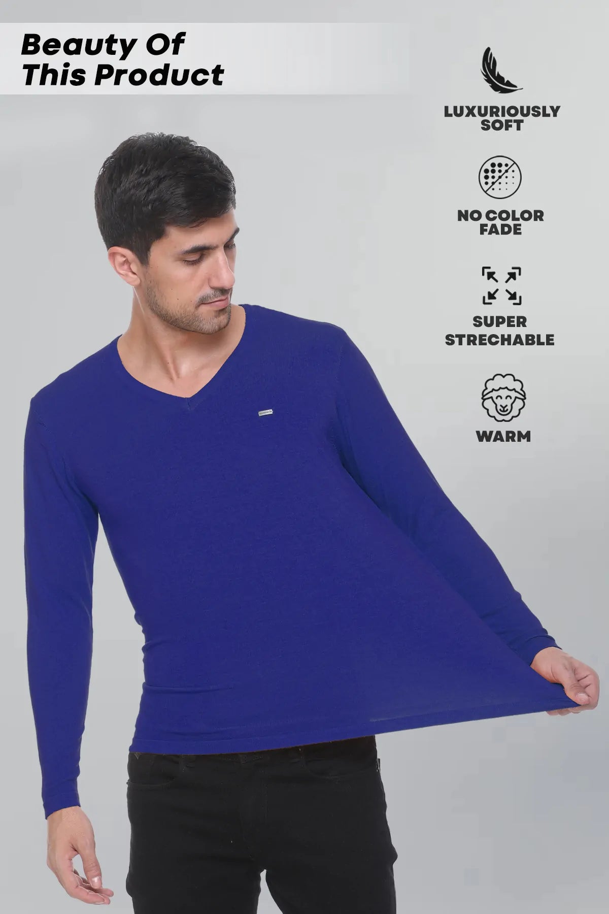 Royal Blue Solid V-Neck Viscose Sweater