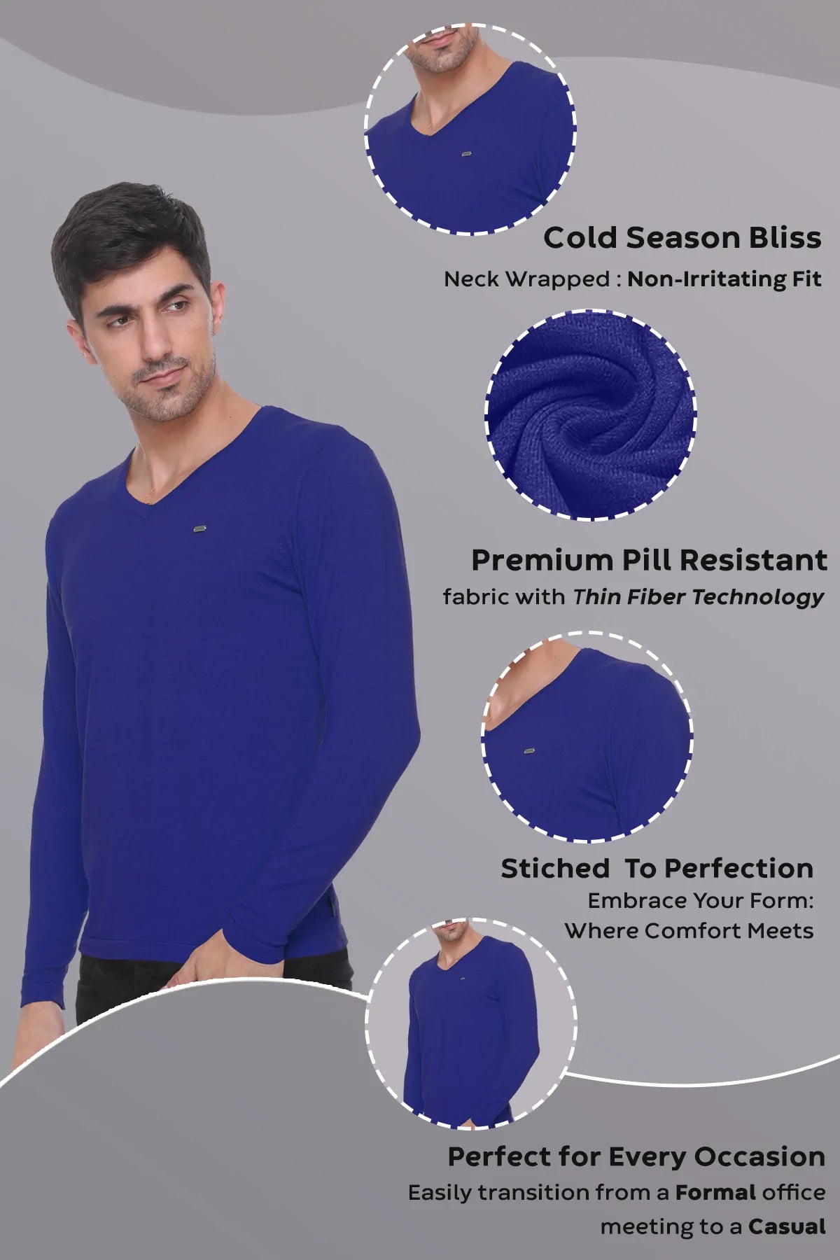 Royal Blue Solid V-Neck Viscose Sweater