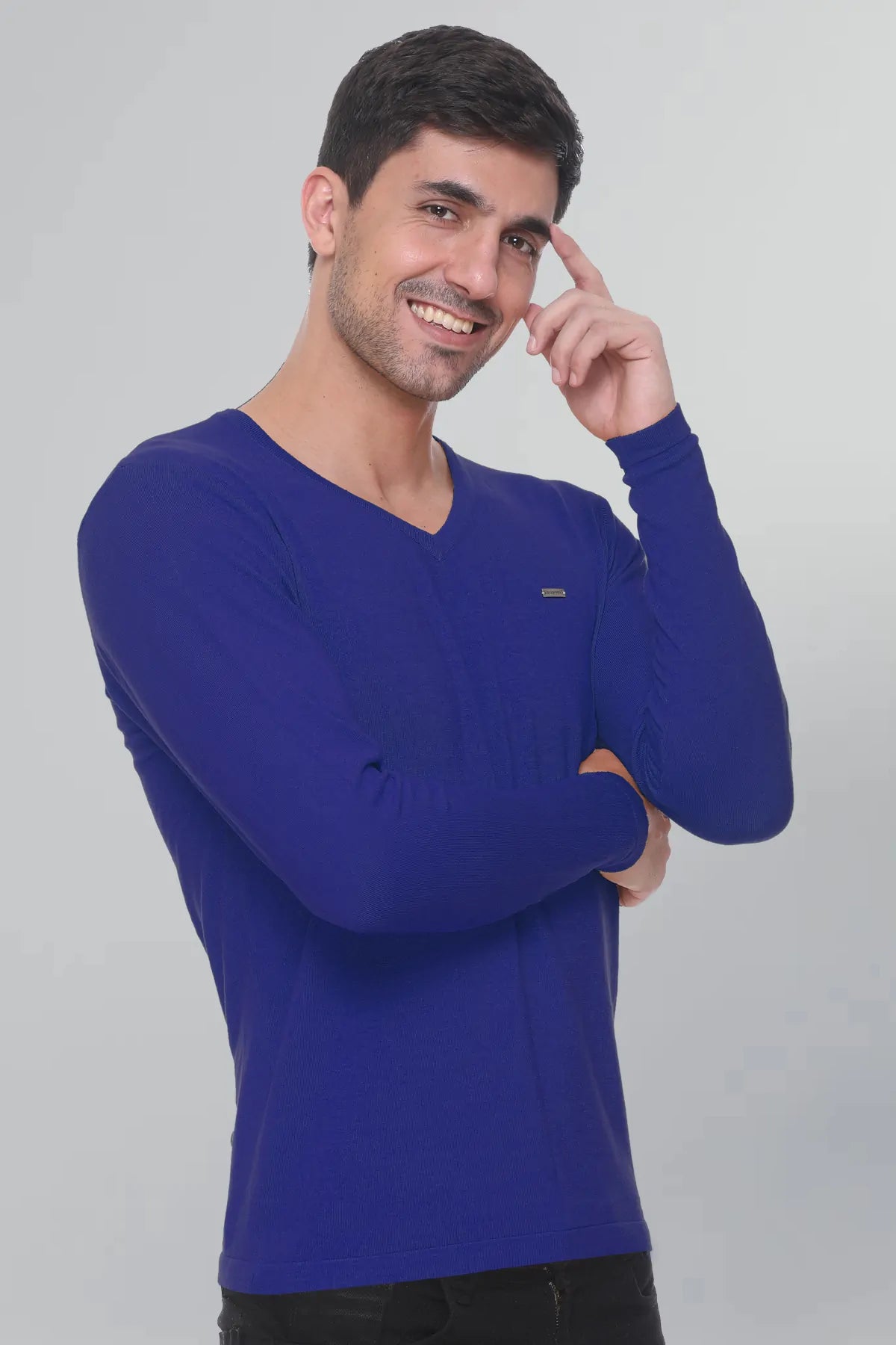Royal Blue Solid V-Neck Viscose Sweater