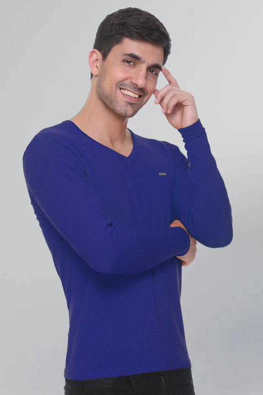 Royal Blue Solid V-Neck Viscose Sweater