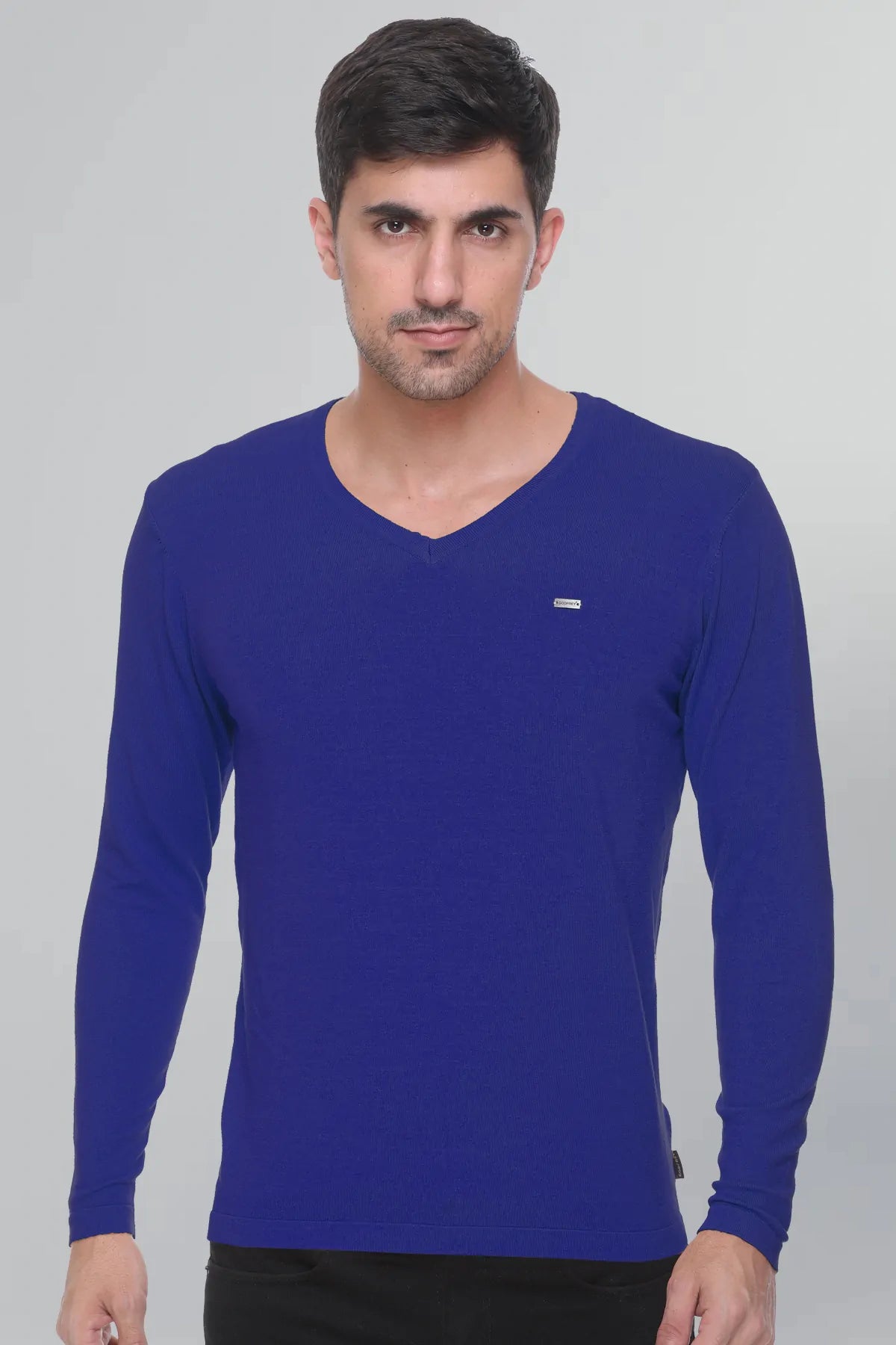 Royal Blue Solid V-Neck Viscose Sweater
