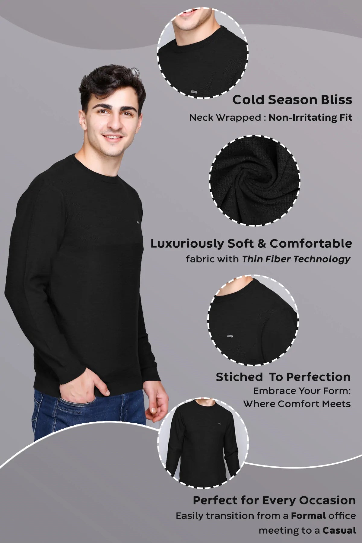 Black Solid Round Neck Pullover