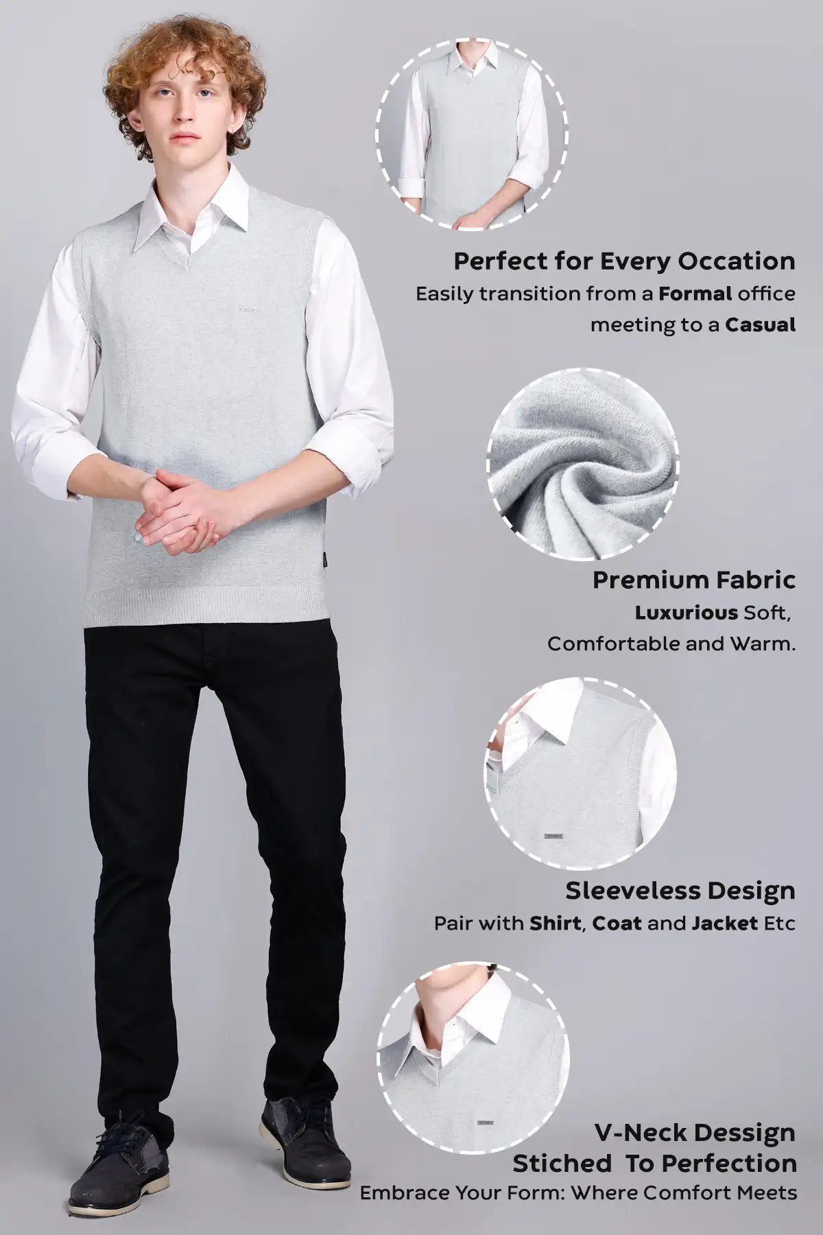 Light Grey Cotton V-Neck Sleeve Less Pullover