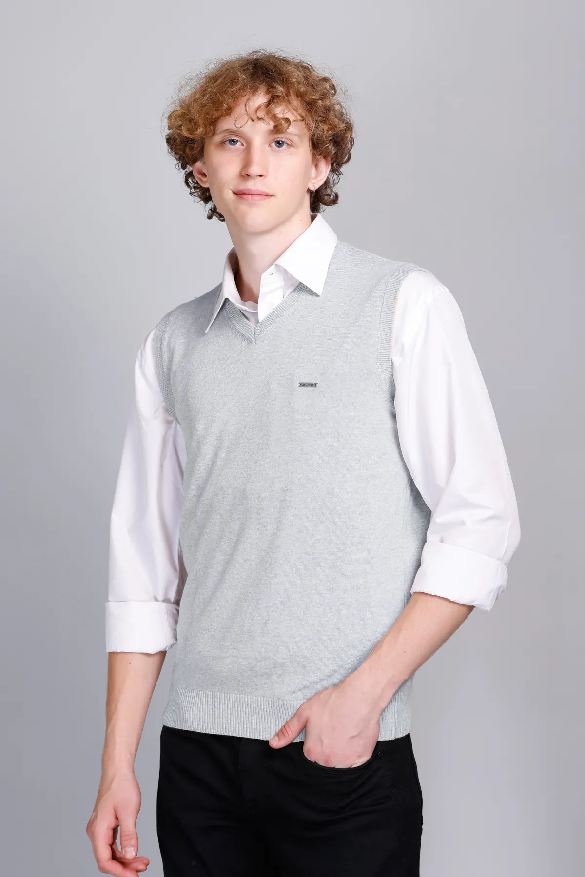 Light Grey Cotton V-Neck Sleeve Less Pullover