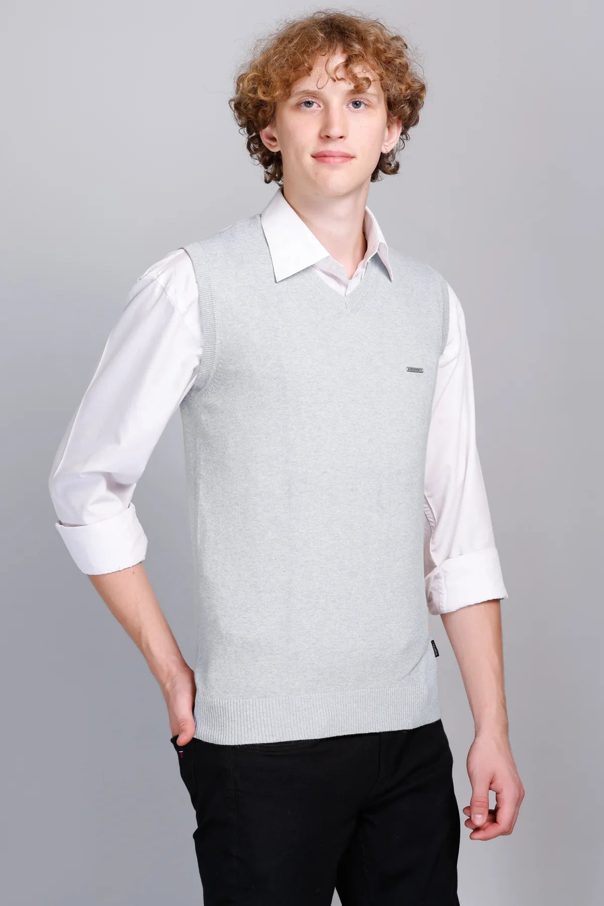 Light Grey Cotton V-Neck Sleeve Less Pullover
