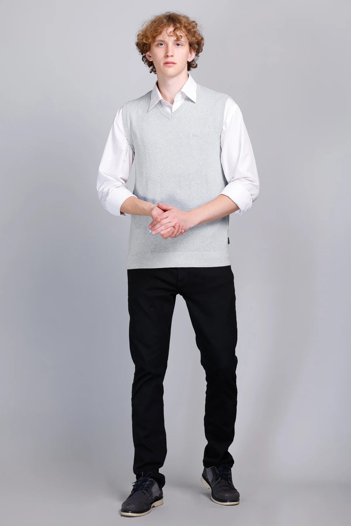 Light Grey Cotton V-Neck Sleeve Less Pullover