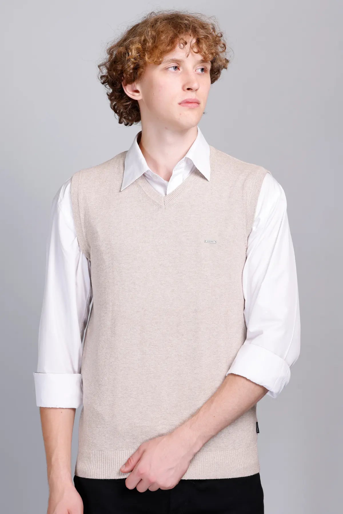 Light Fawn V-Neck Sleeveless Pullover Half Sweater
